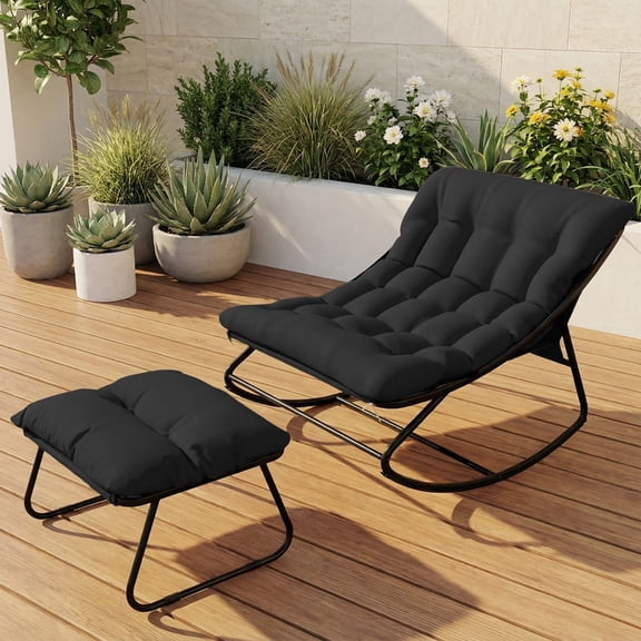 ELPOSUN Outdoor Papasan Rocking Chair, Oversized Cushioned Lounge Chair with Ottoman and Sturdy Metal Frame, Patio Egg Rocker for Balcony Backyard Porch Bedroom, Black