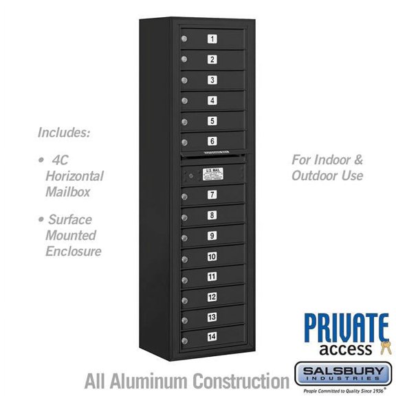 Salsbury Industries  17.75 x 57.75 x 17 in. Surface Mounted 4C Horizontal Mailbox Unit - Front Loading - Private Access, Black