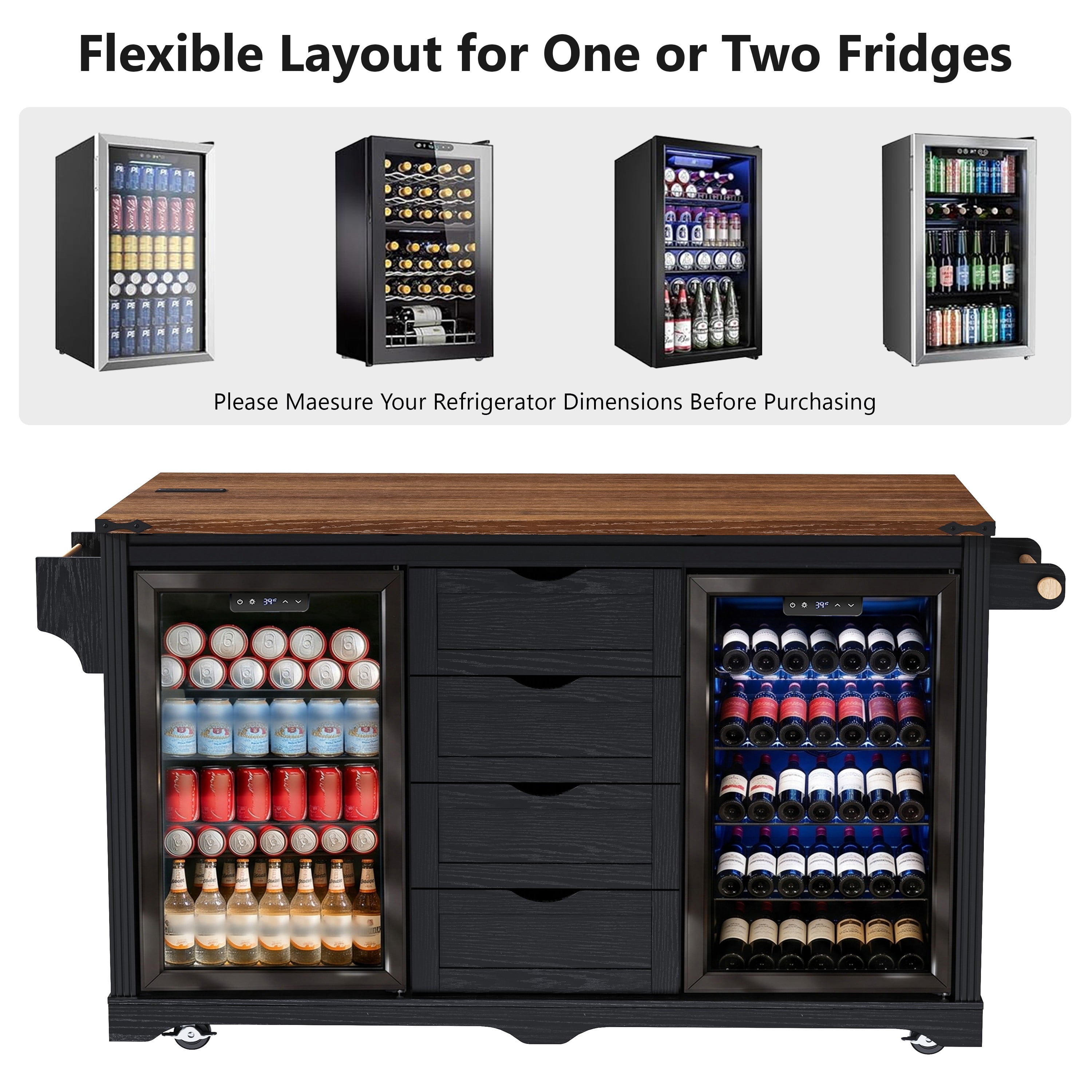 Mintazer 72" Farmhouse Rolling Kitchen Island with 2 Mini Fridge Space & Drop Leaf Countertop and Power Outlet, Bar Storage Cabinet with 4 Drawers & Barn Doors for Kitchen Dining Room, Black & Walnut