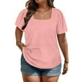 thumbnail image 2 of ZQGJB Summer Women Puff Sleeve Tops Plus Size Casual Short Sleeve Square Neck Plain Tees Shirt Loose Oversized Casual Dressy Tunic Blouse Pink XXXXL, 2 of 8
