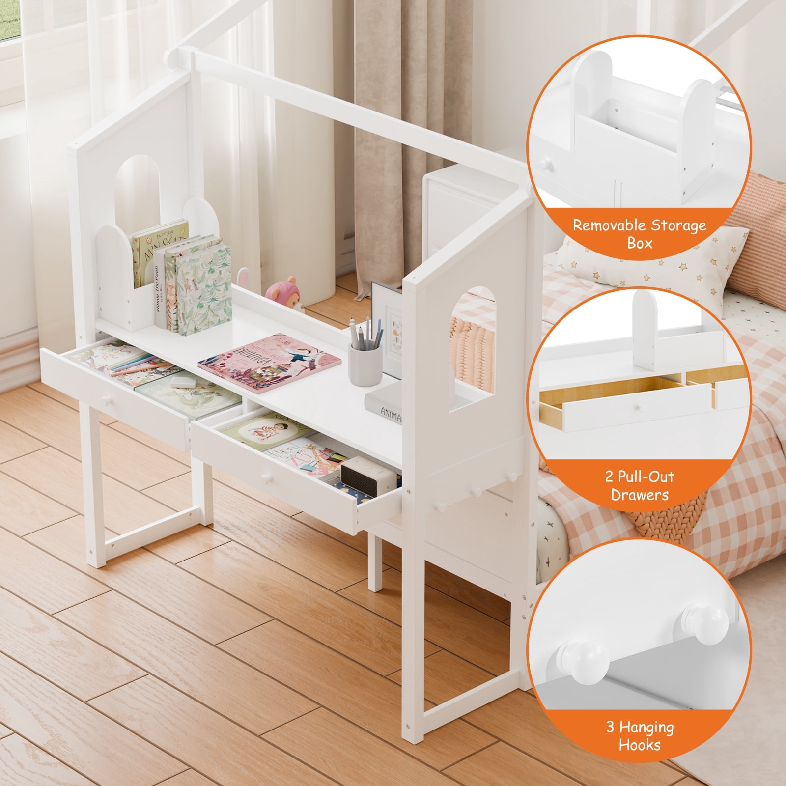 Gianna Twin Wood Playhouse Bed with Side Table, Platform Bed with Roof Frame and Guardrail, White