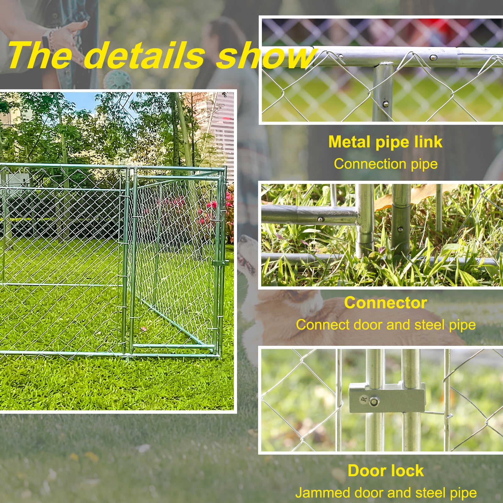 Yamissi 10 x 10 ft Large Outdoor Dog Run Kennel Heavy Duty Metal Pet Fence Pen Playpen Dog Enclosure Cage with Waterproof Cover