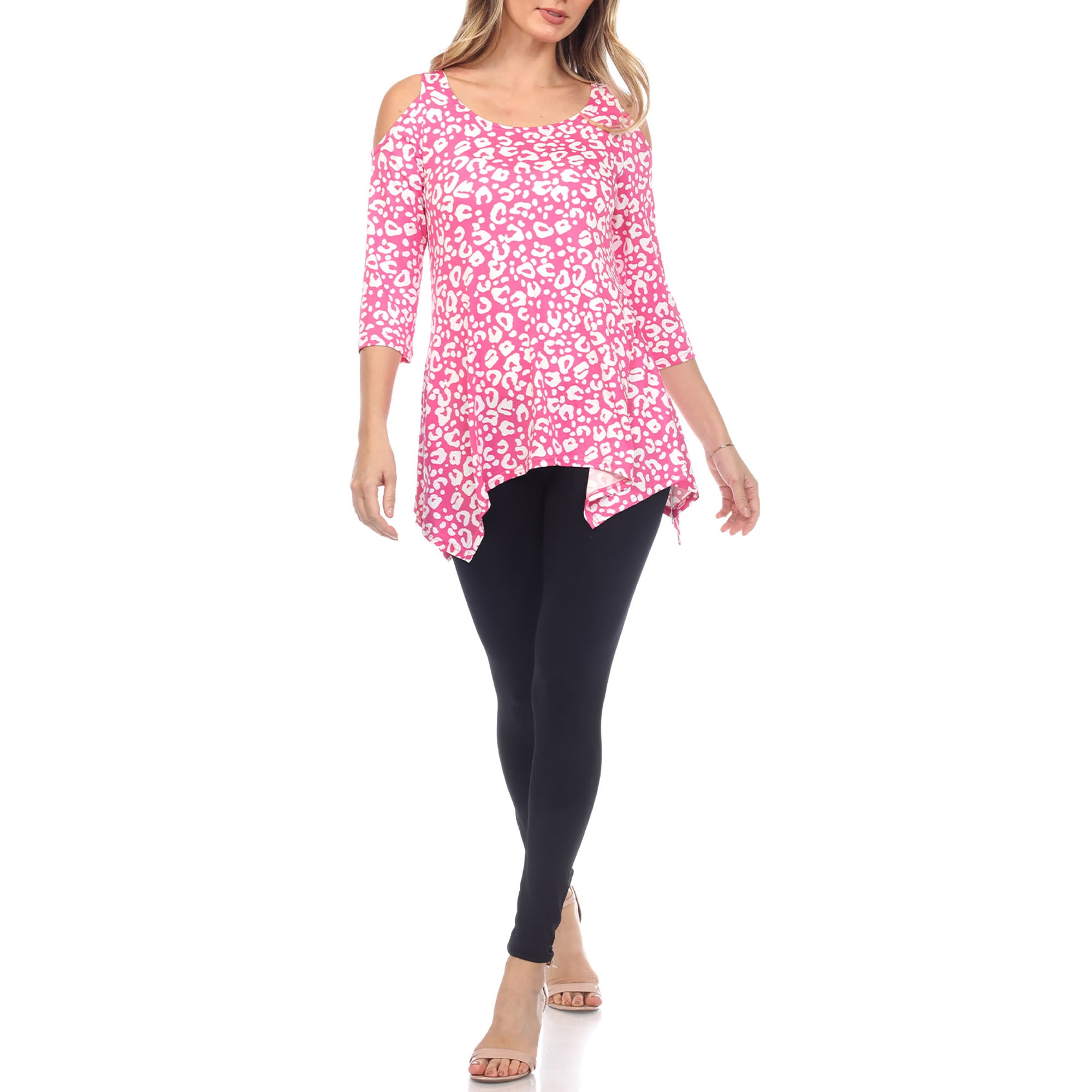 White Mark Fashion Casual Leopard Print Cold Shoulder Top, Women's