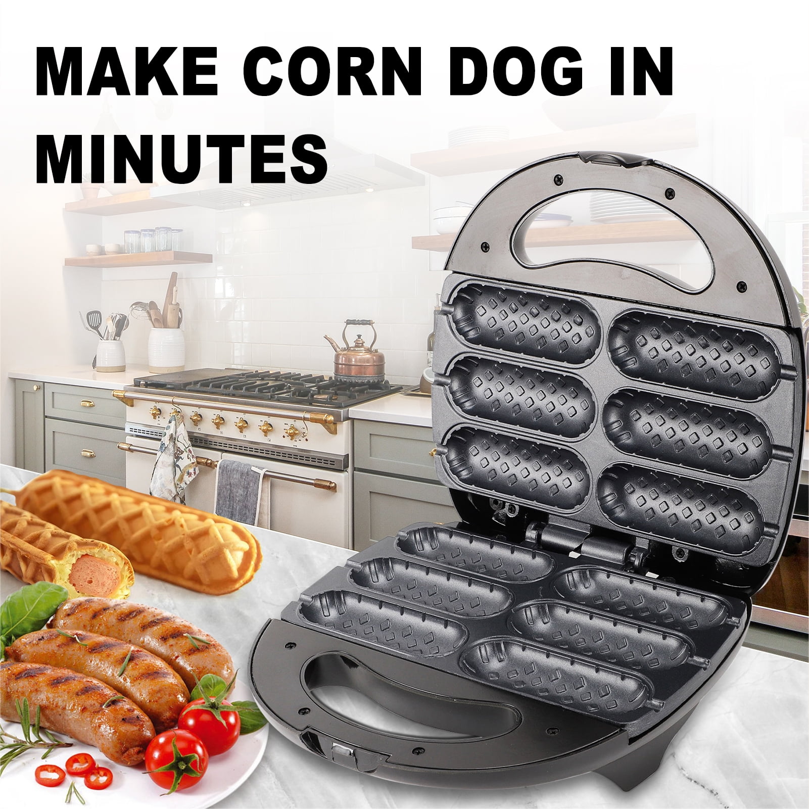Corn Dog Waffle Maker,850W Hot Dog Waffle Machine with Non-stick Coating Plate, 6 Corn Dogs Maker Toaster ,Black