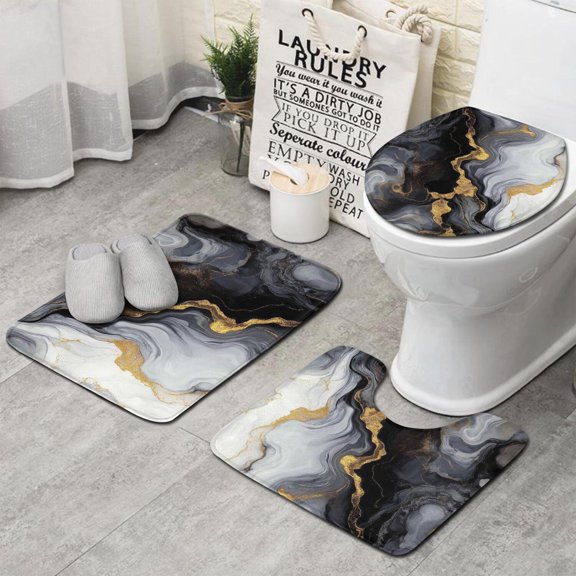 Black White Gold Marble Pattern Bathroom Rugs Sets 3 Piece,Toilet Cover Set,Absorbent Non Slip Bathroom Mats Sets with U-Shaped Contour Rug Toilet Rug Set