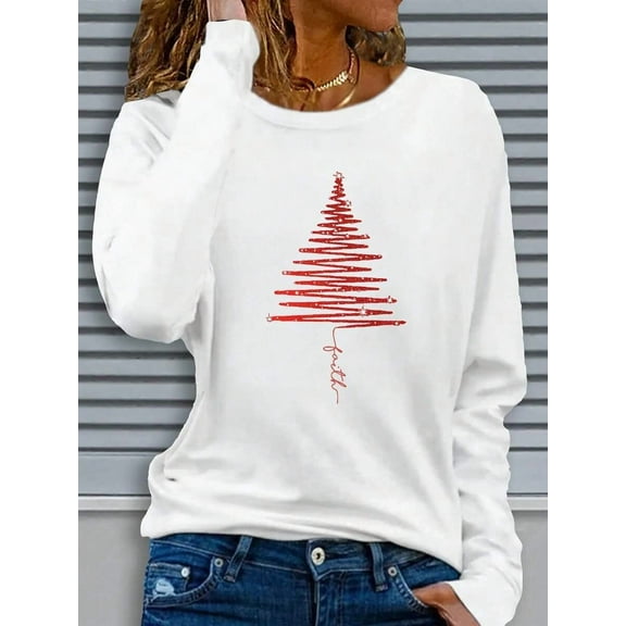Women's Casual Long Sleeve Round Neck Pattern Printed T-Shirt - Red Christmas Tree Design, Comfortable Fabric, Machine Washable, Suitable For Autumn And Winter Festive Seasons,