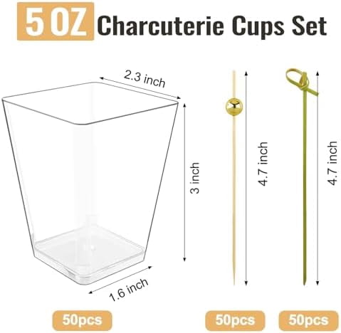 50 Sets 5oz Plastic Charcuterie Cups With Sticks - Disposable Clear Appetizer Fruit Salad Cups for Party (50 Cups + 100 Cocktail Picks)
