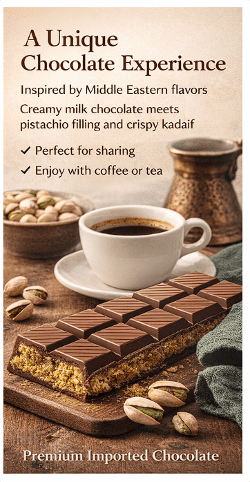 Picca Dubai Style Milk Chocolate with Kadaif & Pistachio 3.53oz 100g (2 Bars)