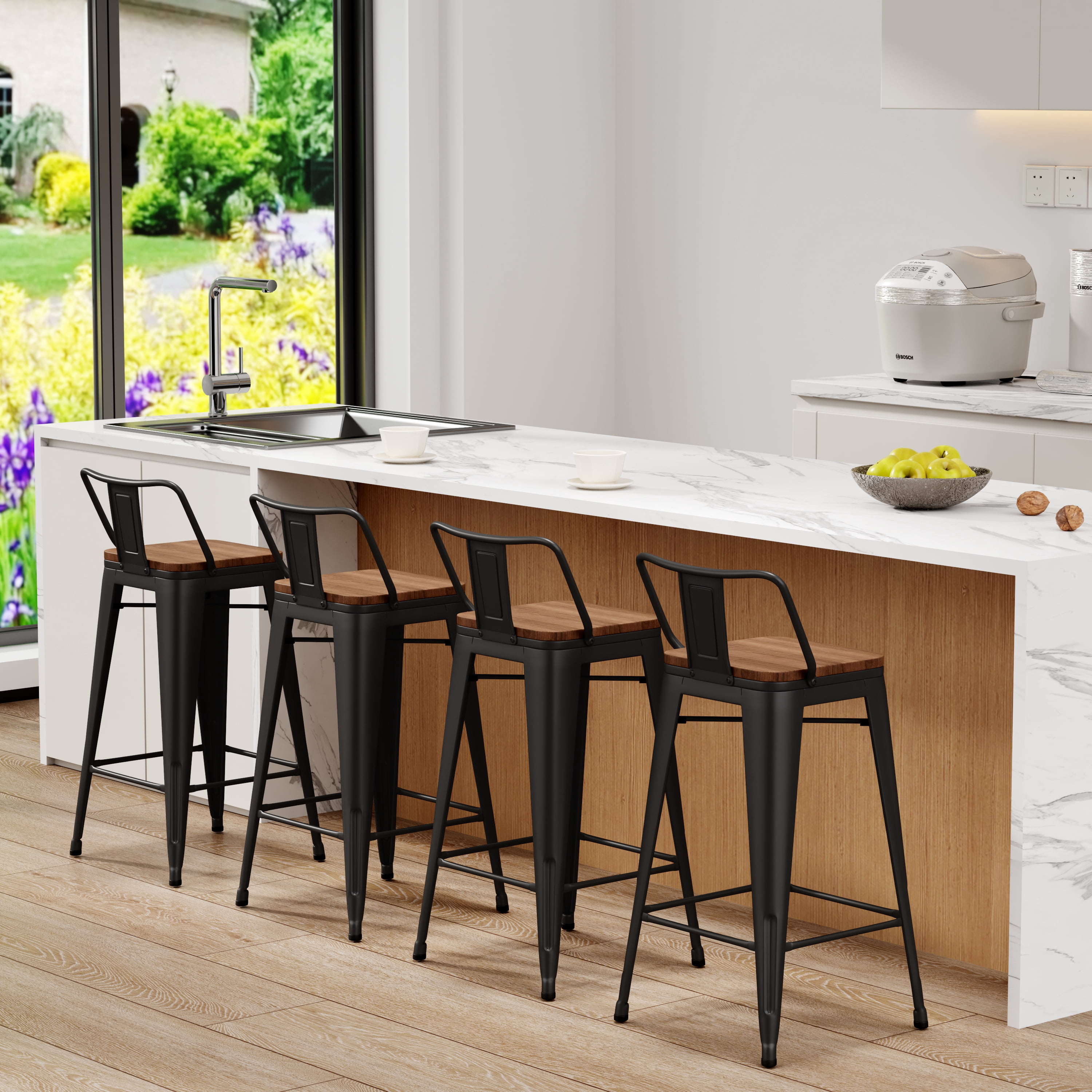 Apeaka 26 inch Bar Stools with back set of 4 Counter Height Stools with Wood Seat Metal Bar Stools