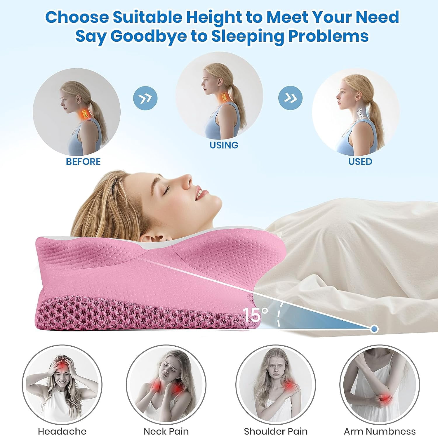 Cervical Neck Pillow for Sleeping, Memory Foam Side Sleeper Pillow, Ergonomic Pillows for Neck Pain Relief, Shoulder Support Pillows for Side Back Stomach Sleepers (Pink, Queen Size)