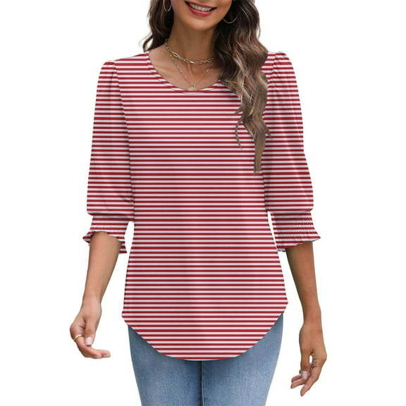 Besolor 3/4 Length Sleeve Tops for Women Striped Casual Crewneck Smocked Cuffs Shirts Going out Dressy Blouses