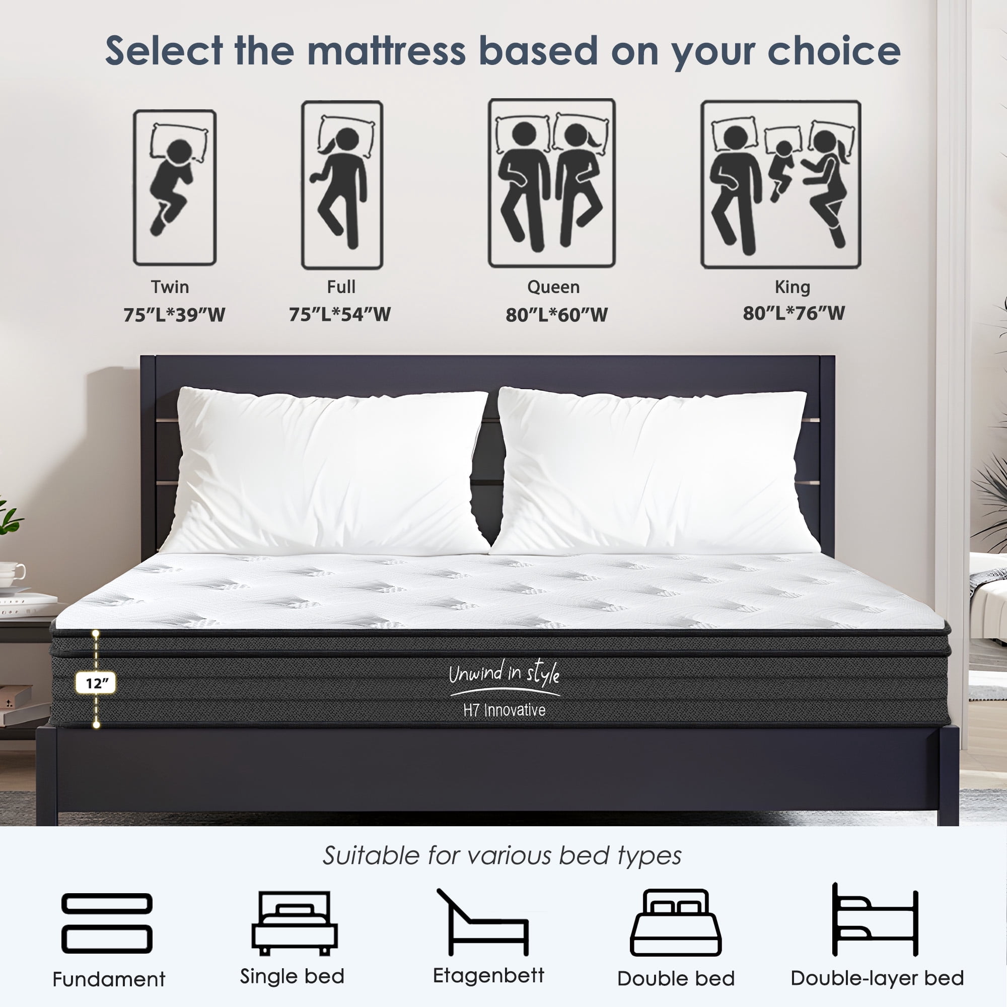 12" Twin Mattress,Medium Firm Memory Foam Hybrid Mattress,Individual Pocket