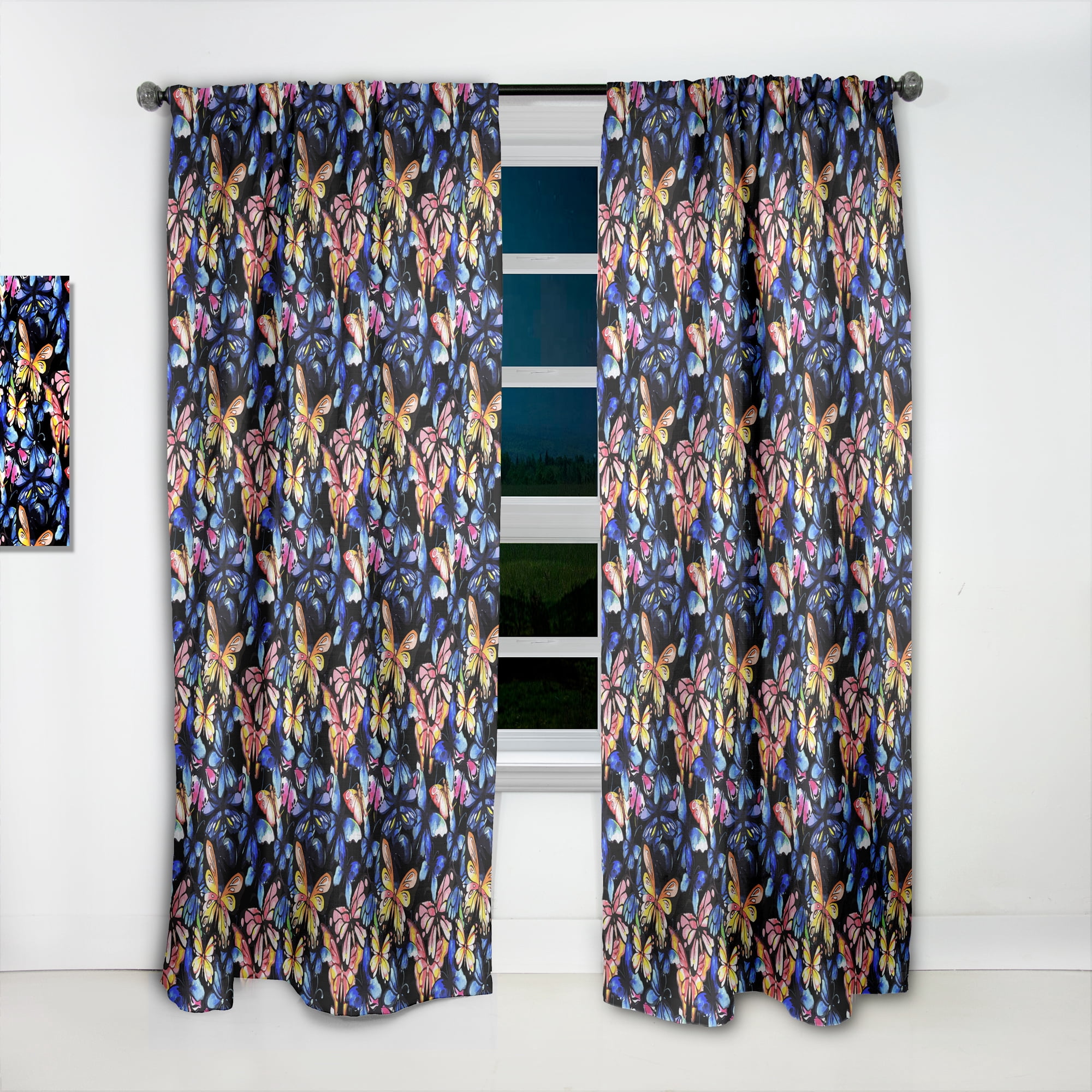 Designart 'Butterflies On Black' Modern & Contemporary Curtain Panel