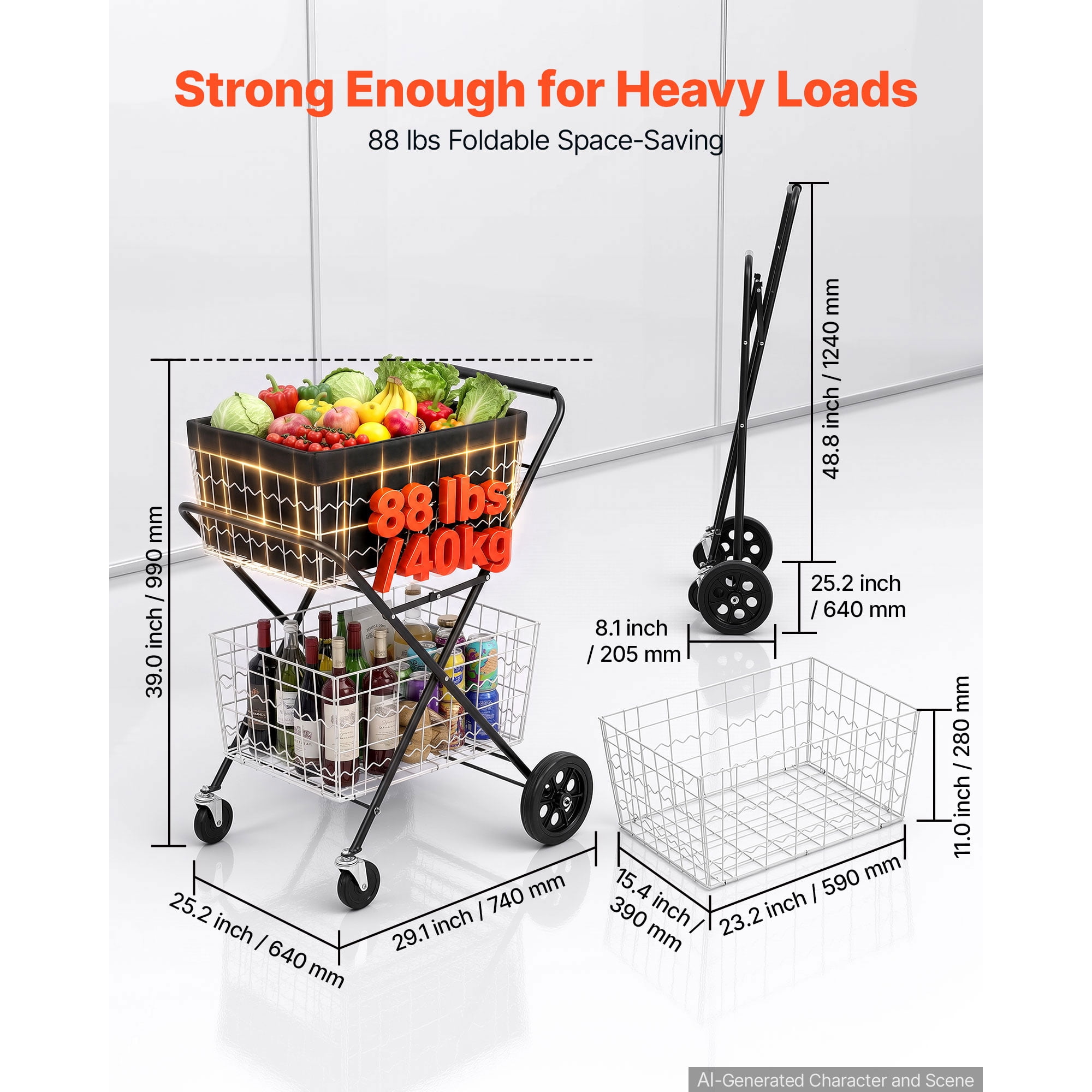 KFFKFF Foldable 2-Tier Shopping Cart with Wheels, 88lbs Capacity, Utility Cart with Detachable Storage Baskets and 360° Swivel Wheels for Groceries, Warehouse, and Supermarket Use