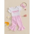 thumbnail image 4 of Baby Toddler Girls 3Pcs Pants Sets 3 6 12 18 Months Short Sleeve Letter Embroidery Romper Plaid Flared Pants Headband, 4 of 9