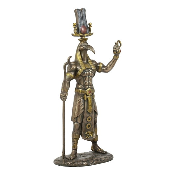 Ebros Bronze Finish Egyptian God Ibis Headed Thoth Holding Was And Ankh Statue 12"Tall Deity Patron of Magic Technology Knowledge and Riddles