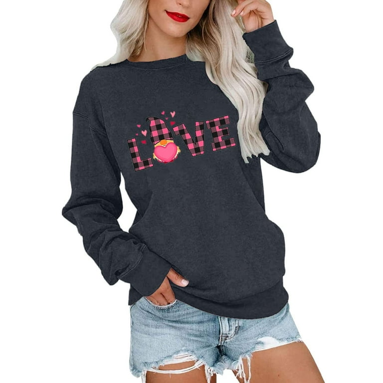 Women Men Valentine's Day Sweatshirts Fashion Crew Neck Letter Graphic  Print Long Sleeve Unisex Casual Loose Pullover(Gray,XL) 