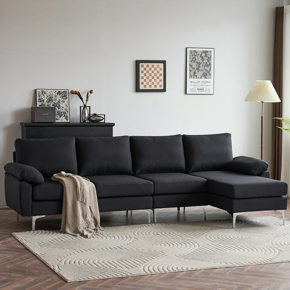 Ktaxon Sectional Sofa Set, L Shaped Linen Fabric Couch with Chaise Lounge, 4 Seats Sleeper for Living Room Black