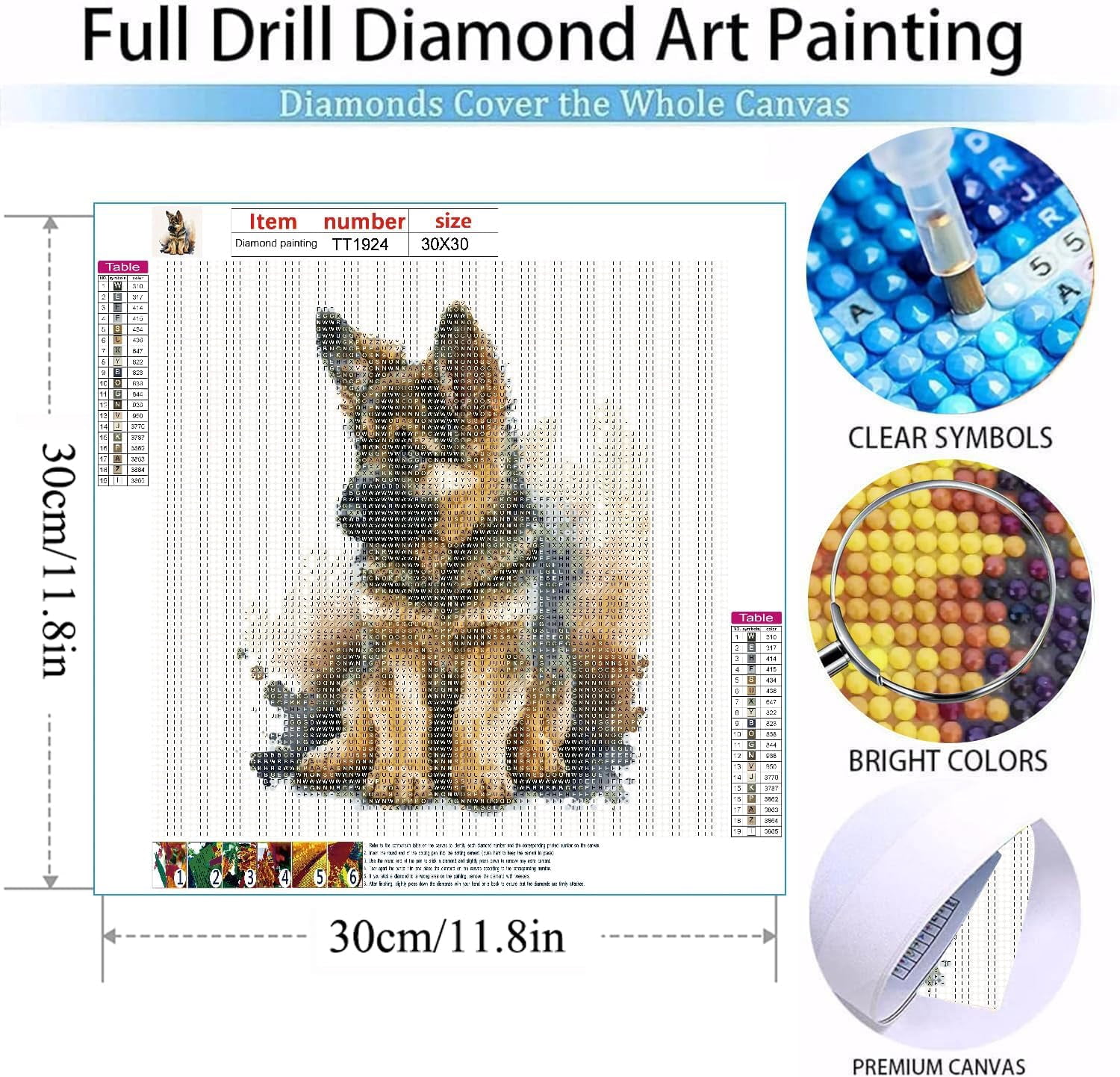 German Shepherd Dog Diamond Art Painting Kits for Adults, Full Drill Wolf Dog Diamond Dots Paintings for Beginners, Round 5D Paint with Diamonds Pictures Gem Art Painting Kits 12x12inch