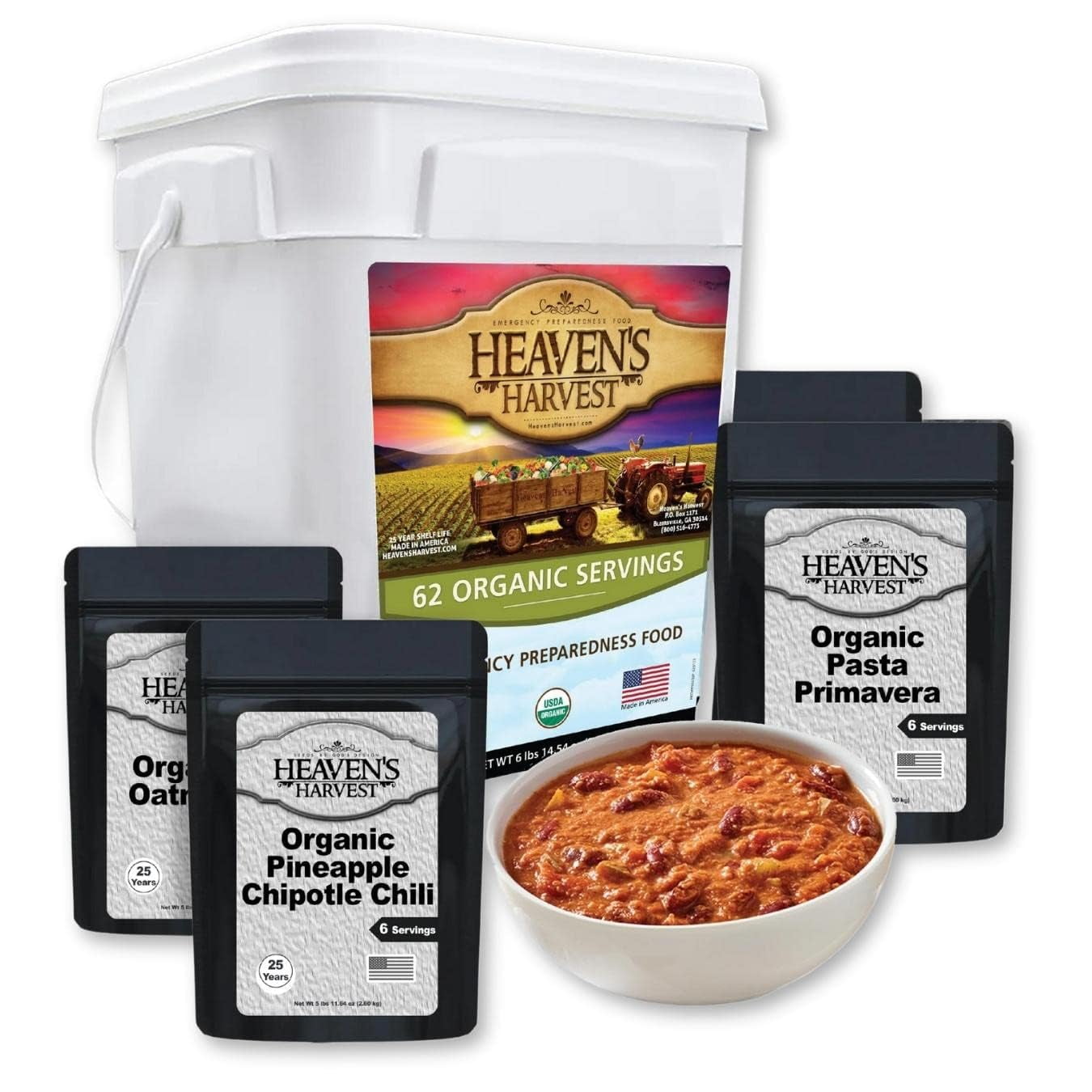 Heaven’s Harvest 25 Year Survival Food Kit + Waterproof Bucket, Emergency Freeze Dried Food Supply (62 servings)