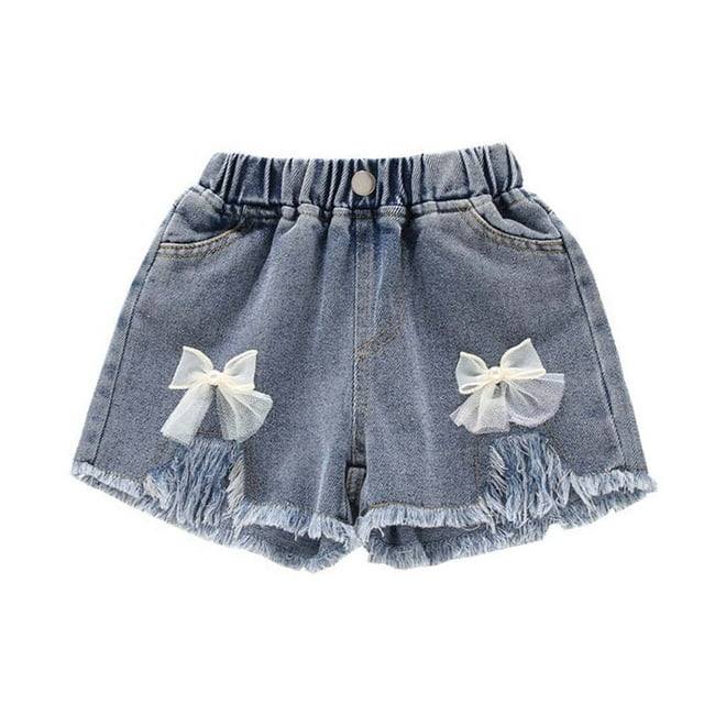 FAIWAD Girls' Stretch High Waisted Button Front Bow Embroidery Ripped Denim Shorts