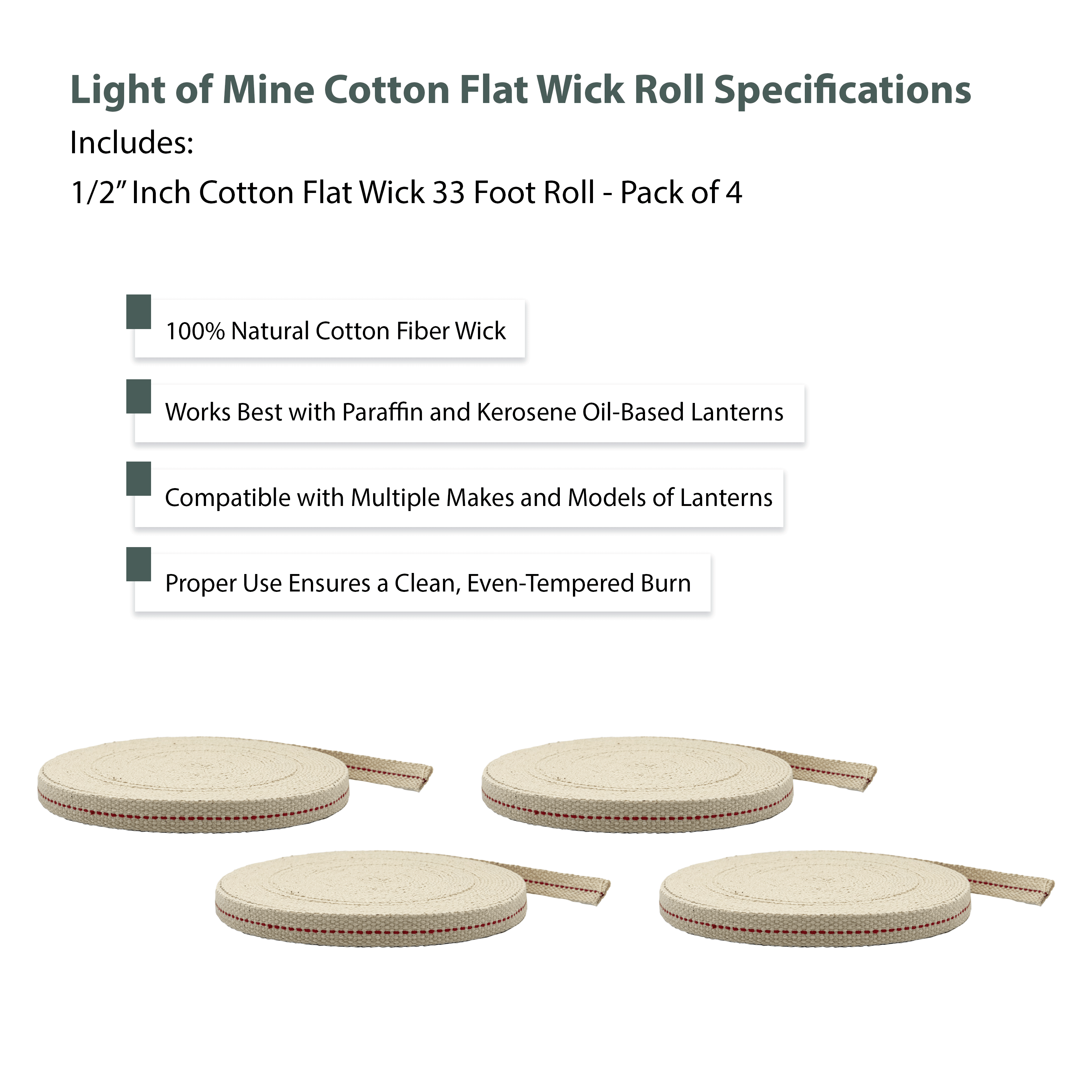 Light of Mine: 1/2" Inch 33' Foot, 100% Cotton Flat Wick - 4 Pack for Paraffin Oil, Kerosene Based Lanterns, and Oil Lamps with Genuine Red Stitch