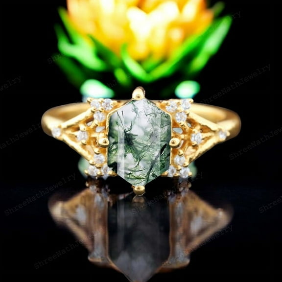 SHREENATHJEWELRY 9x7MM / 3.5Ct Natural Moss Agate Ring- Moissanite Nature Inspired Ring Yellow Gold Bridal Wedding Jewelry Green Gemstone Ring Birthday Gift For Daughter