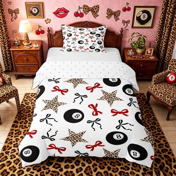 Castle Fairy Kawaii Bow Billiard Sport Twin Duvet Cover, Stars Leopard Print Twin Bedding, Black Red Brown,2pcs,1 Duvet Cover and 1 Pillowcase