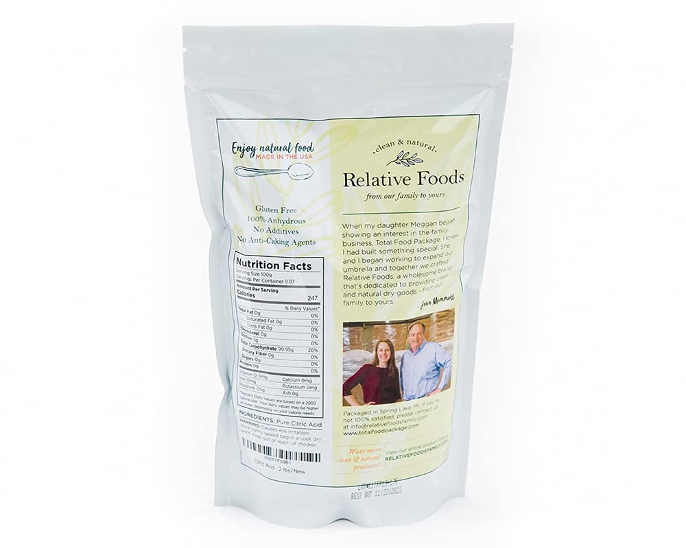 Relative Foods Citric Acid Powder Food Grade – 2 lb - Pure Citric Acid for Cooking, Canning, Bath Bombs & More - Non-GMO, Gluten-Free, No Additives - Resealable Bag