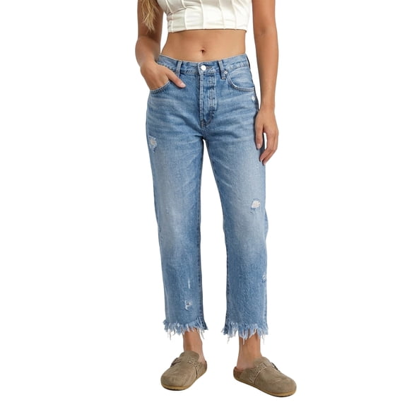 Womens Jeans Distressed Straight Leg Non Stretch Denim Jeans Classic Everyday Casual Solid Blue L