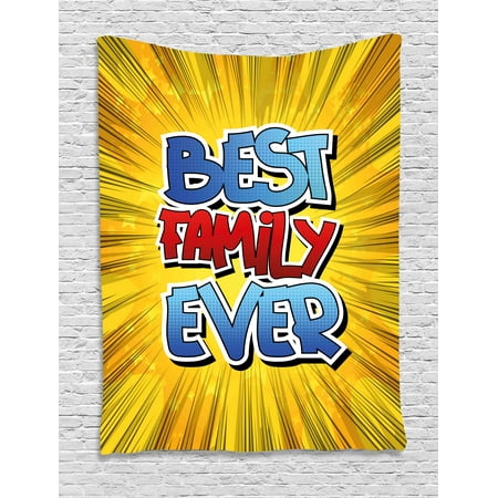 Family Tapestry, Comic Book Style Best Family Ever Words on Abstract Cartoon Backdrop Graphic, Wall Hanging for Bedroom Living Room Dorm Decor, Blue Red Yellow, by
