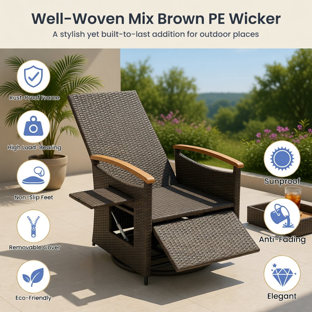 Hommoo 360° Swivel Rattan Recliner Chair with Adjustable Backrest & Footrest, Cushion, PE Wicker, Acacia Wood Frame, Outdoor Patio Lounge Chair, Navy
