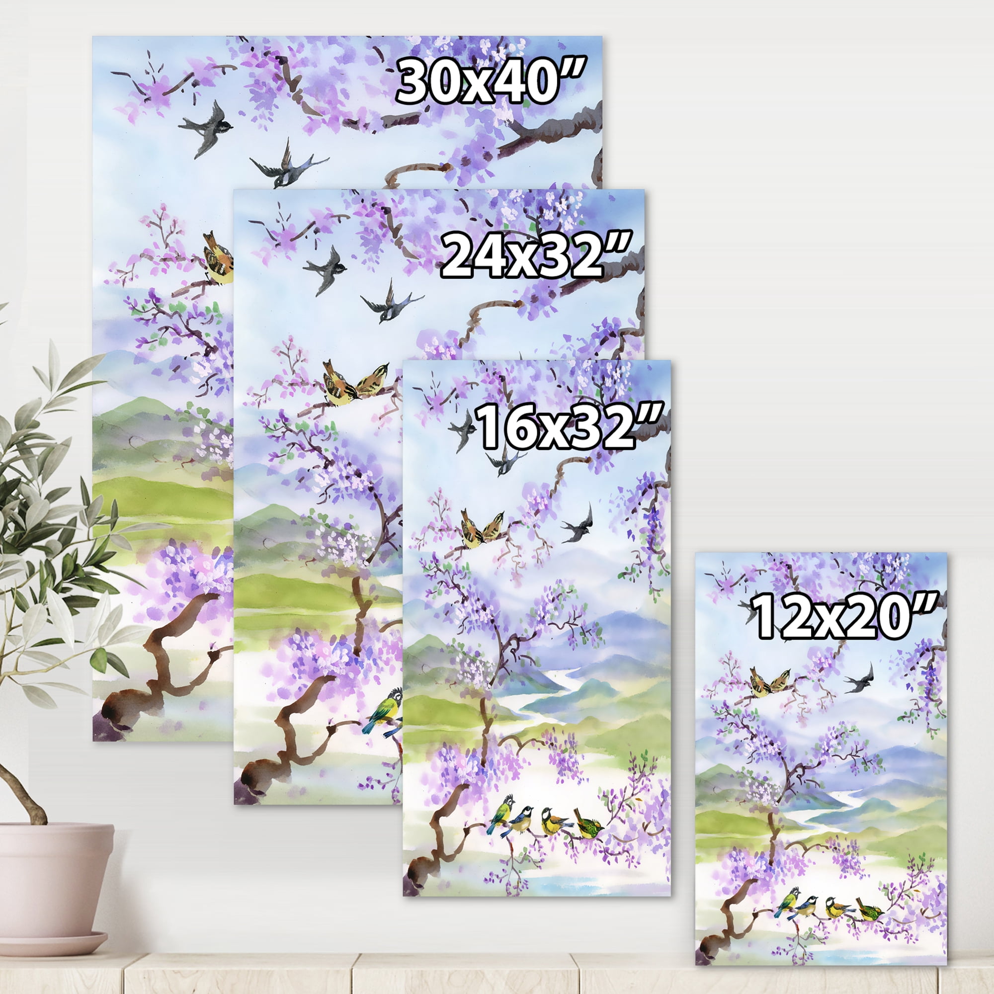 Designart ' Birds Sitting On Cherry Branch ' Traditional Canvas Wall Art Print