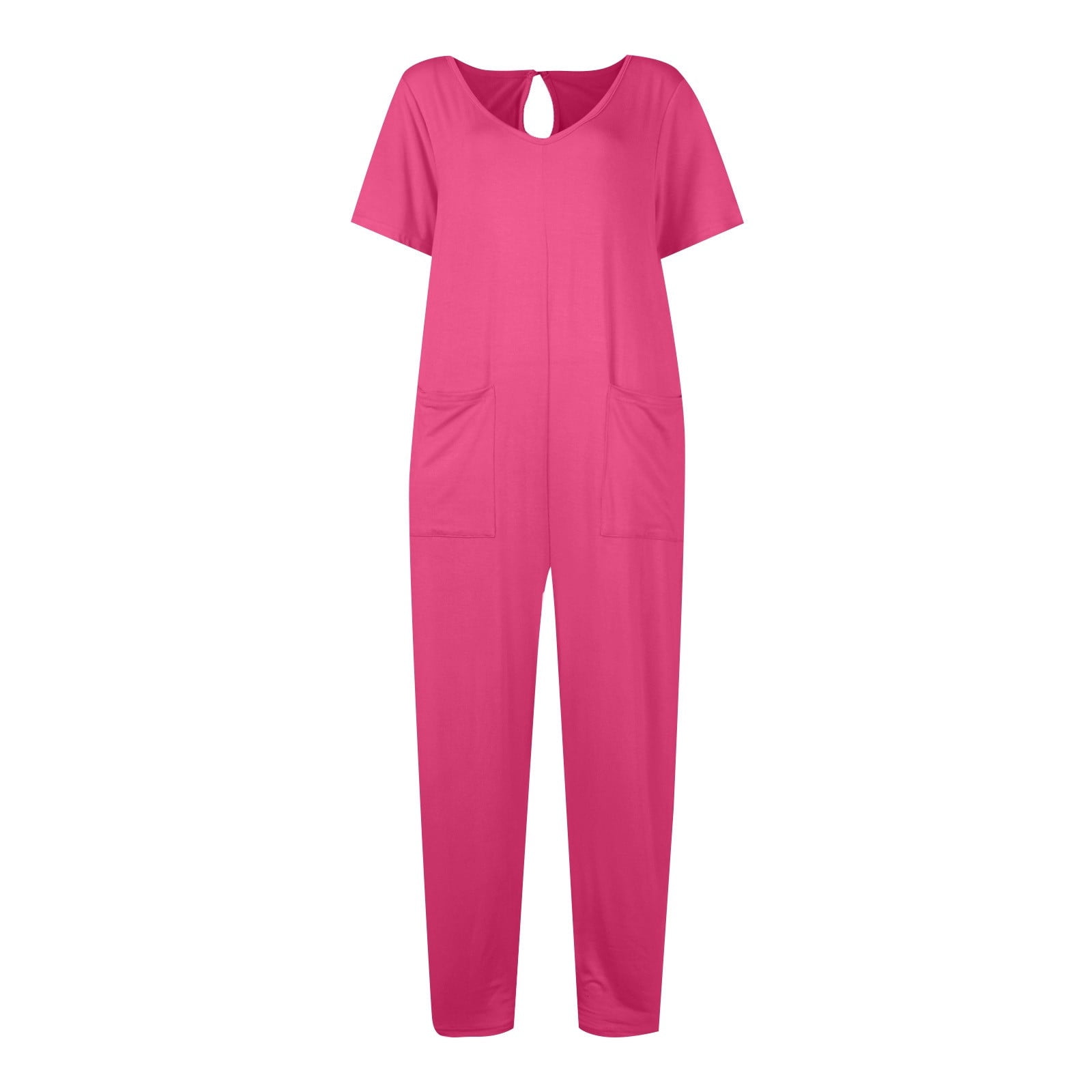 AGWOLF Adult Onesie Pajamas for Women Stretch V Neck Short Sleeve Jumpsuits Loose Fit Solid Ankle Length Pants Summer Rompers with Pockets Soft Sleepwear Homewear One Piece Hot Pink XXL