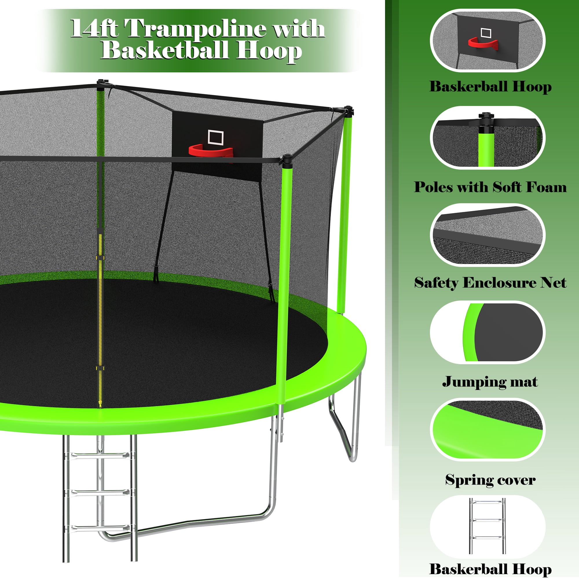14ft Trampoline with Basketball hoop, SEGMART Upgraded Round Outdoor Kids Trampoline with Enclosure Net, Heavy Duty Backyard Trampoline, Recreational Trampoline for Adults Kids