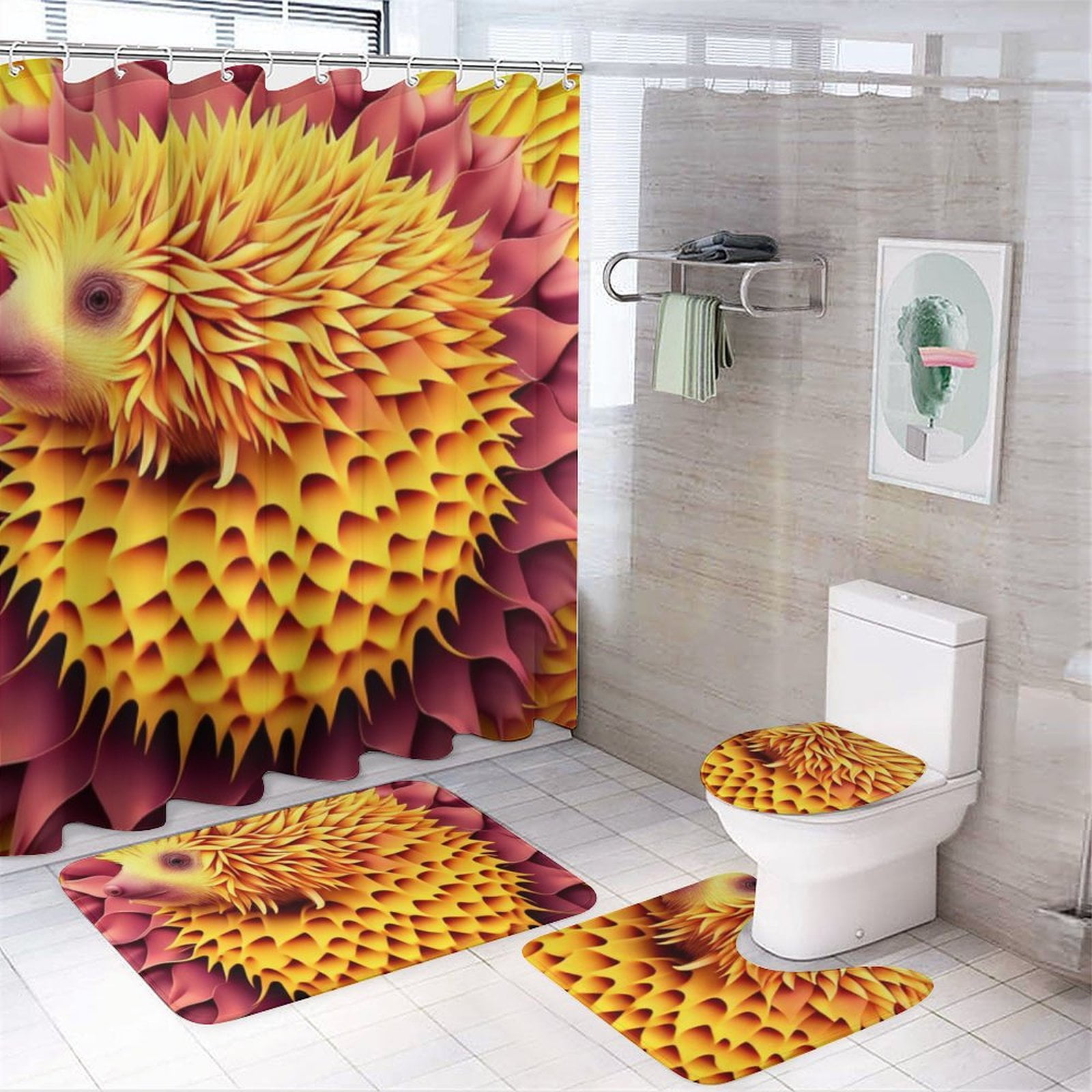 Four piece Bathroom Set Complete Set of Shower Curtain, Rugs, and