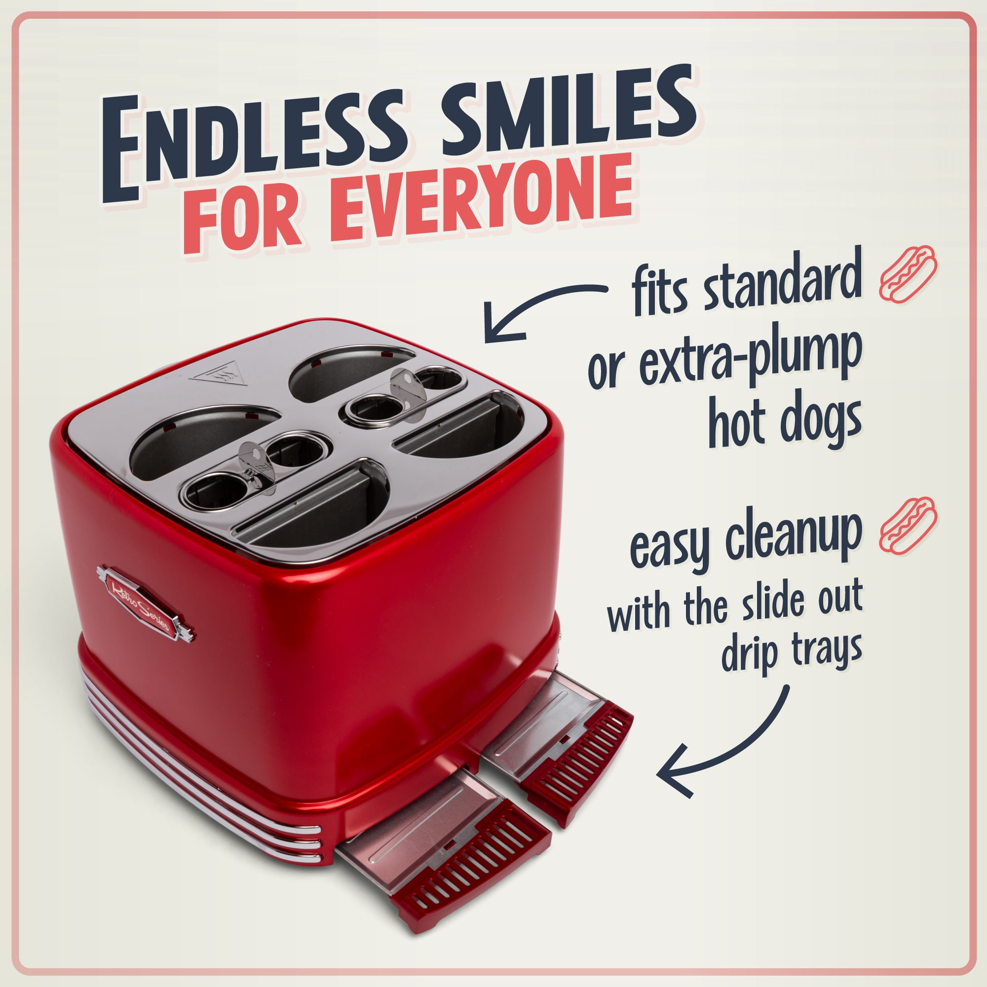 Nostalgia 4-Slot Retro Pop-Up Bun and Hot Dog Toaster with Slide Out Drip Trays and Mini Tongs, Red