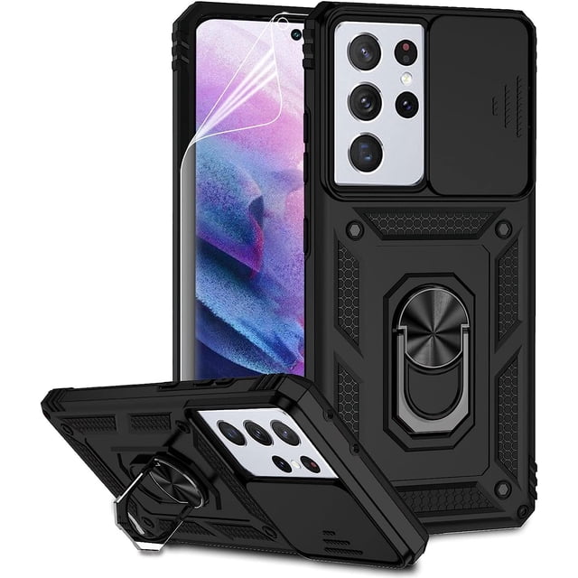 for Samsung Galaxy S21 Ultra Case with Camera Lens Cover HD Screen Protector,Military-Grade Drop Tested Magnetic Ring Holder Kickstand Protective Phone Case for Samsung Galaxy S21 Ultra 5G (Black)