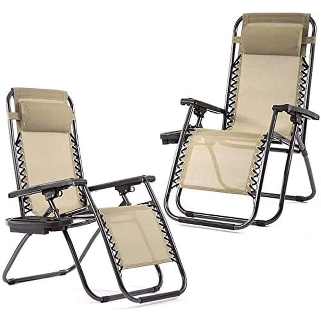 Zero Gravity Chair Patio Chairs Set of 2 in tan color, featuring a foldable design for easy storage and transport. Each chair includes an adjustable reclining mechanism, a headrest pillow, and a cup holder tray for added convenience. The chairs are constructed with a durable frame supporting up to 250 lbs and a ventilated textile material suitable for outdoor use on patios, decks, or camping trips.