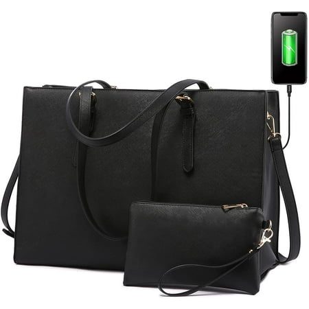Lovevook Women Work Tote Bags Fit 15.6" Laptop, PU Leather Shoulder Bag & Satchels Purses Set- Black, Large, USB Charging Port, Waterproof