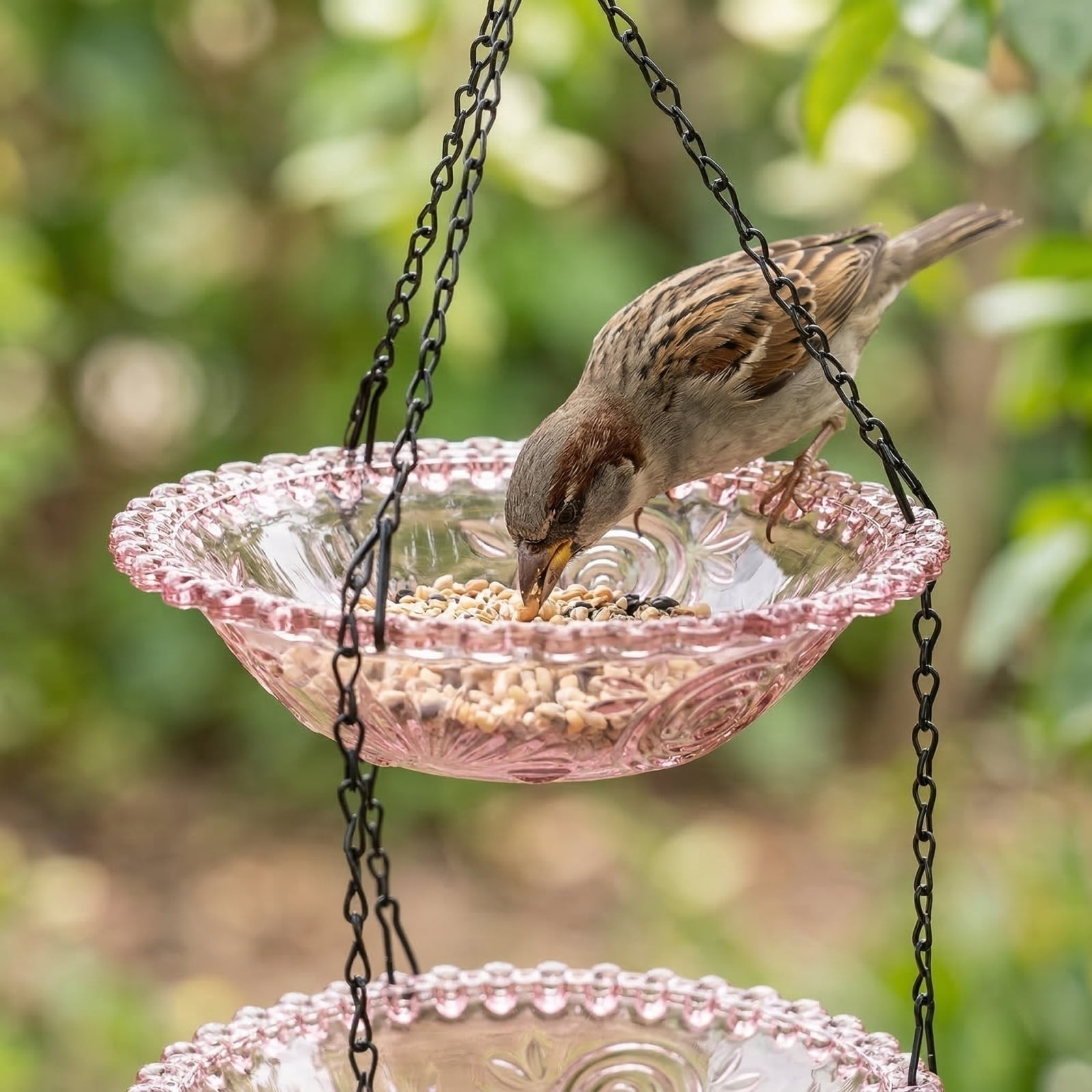 Solar Cascade Hanging Bird Bath Fountain, Solar Powered Cascading Outdoor Water Fountainwith Solars Pump & Glass Bowl, Decorative Garden Yard Patio Bird Bath Fountain (Pink Double-Tier)