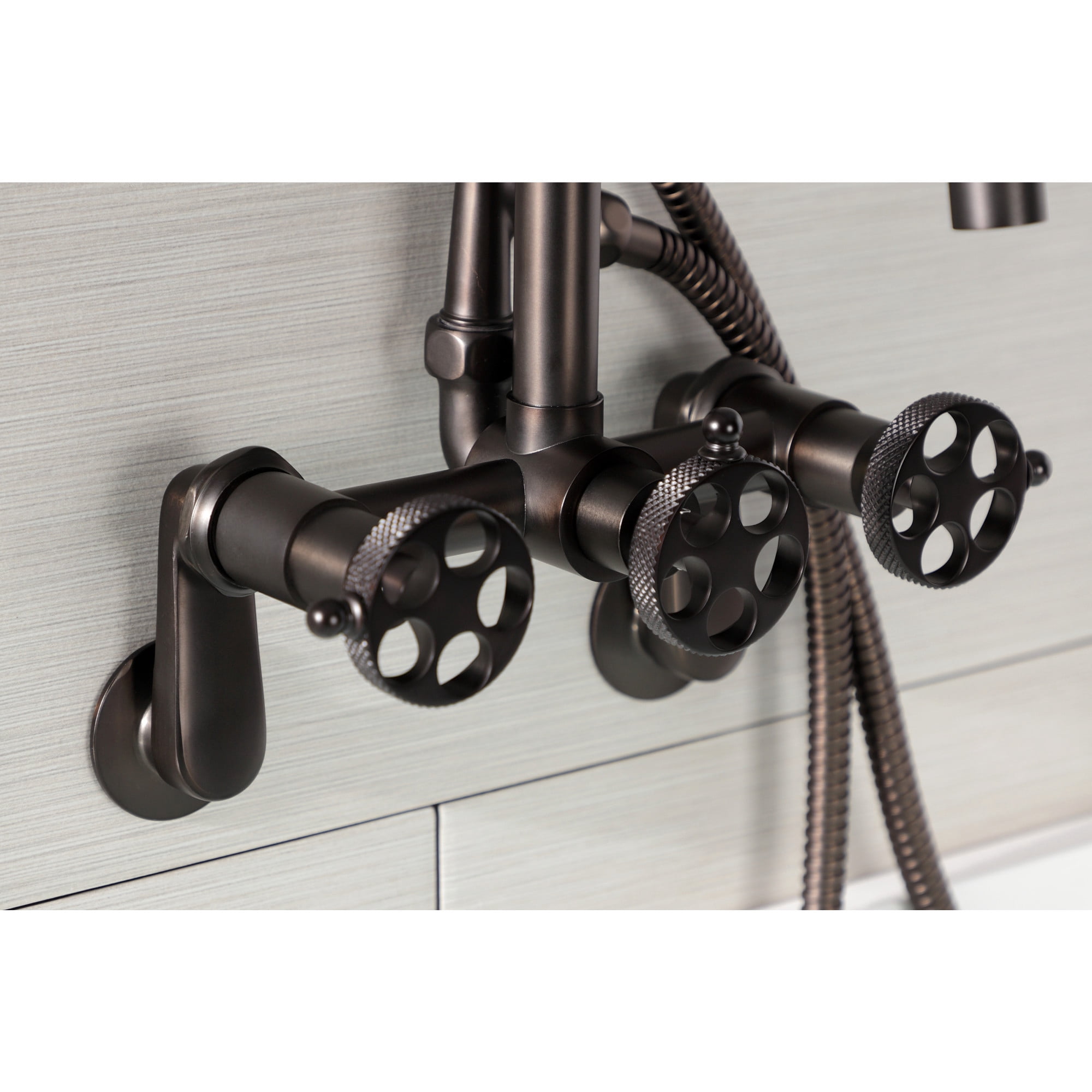 Kingston Brass AE8155RKX Webb 7-Inch Adjustable Wall Mount Clawfoot Tub Faucet with Knurled Handle and Hand Shower, Oil Rubbed Bronze