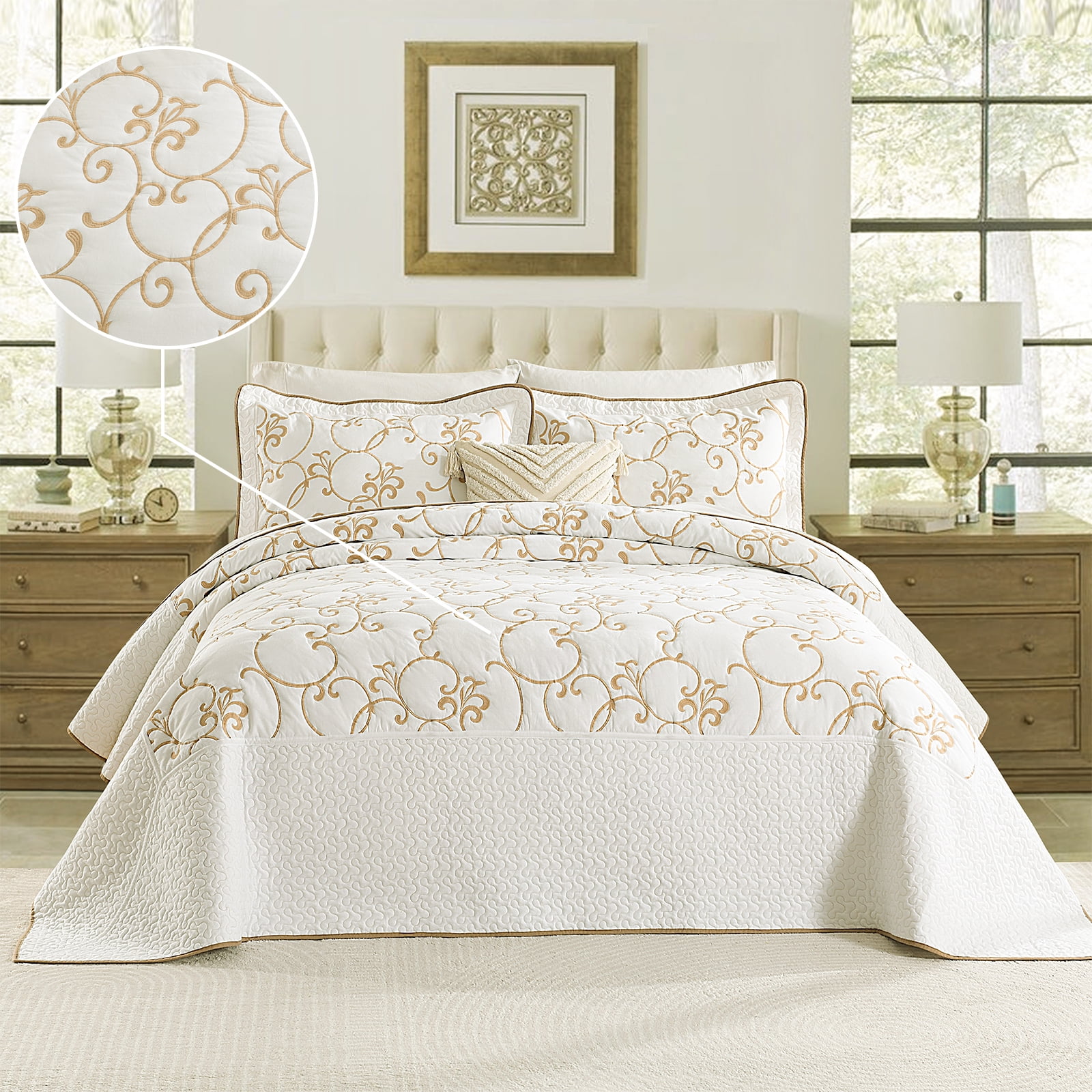 DDUOXIN 100% Cotton 120x120 Bedspread King Size - Gold Beige/White Floral Reversible California King Bedspreads for Bed, Lightweight Elegant Vintage Cal Oversized King Quilts Bedding Set, 3 Piece
