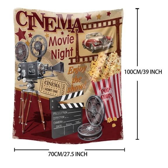 1pc Cinema Movie Night Flannel Throw Blanket - Retro Projector, Popcorn & Film Reel Print, Soft Cozy All-Season Blanket for Bed, Sofa, Office, Camping - Vintage Theater Decor, Cute Blanket