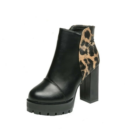 

jsaierl Autumn Winter Short Plush Leopard Print Women s Boots High-heeled Thick-heeled Short Boots Side Zipper