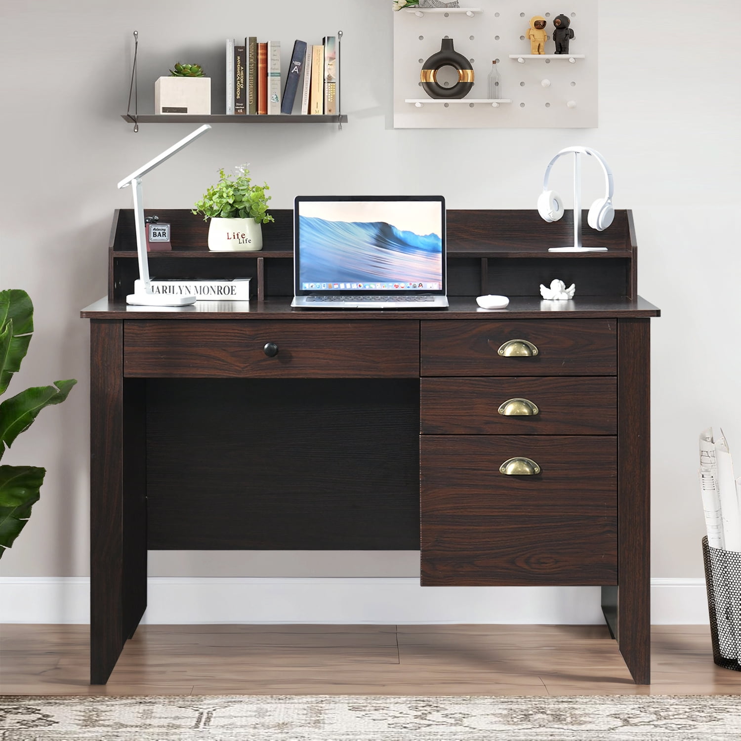 Catrimown Computer Desk, 47.5 in Wood Home Office Desk with Hutch and 4 Drawers, Monitor Stand, Espresso Brown