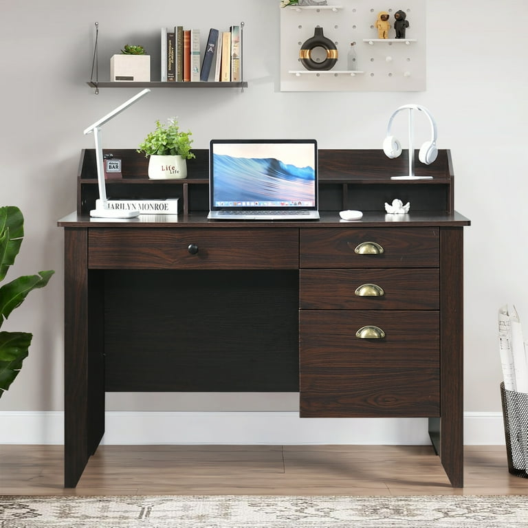 Catrimown Computer Desk 47.5 in Wood Home Office Desk with Hutch and 4 Drawers Monitor Stand Espresso Brown