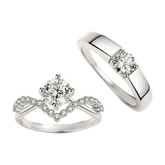 VOLALO 2pcs His and Hers Wedding Ring Sets Couples Engagement Rings Women and Men 925 Sterling Silver Four-Claw 1 Karat Cubic Zirconia Love One Pair