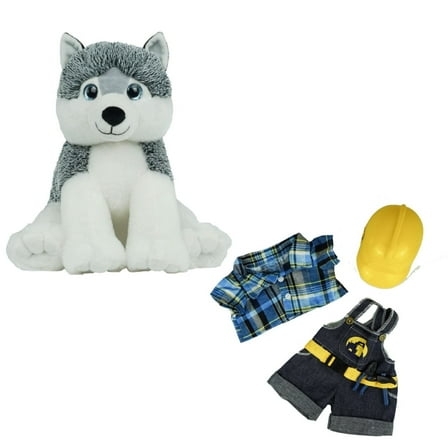 Husky Dog 16" Plush Stuffed Animal Toy with Construction Worker Builder Costume & Hard Hat Gift for Kids