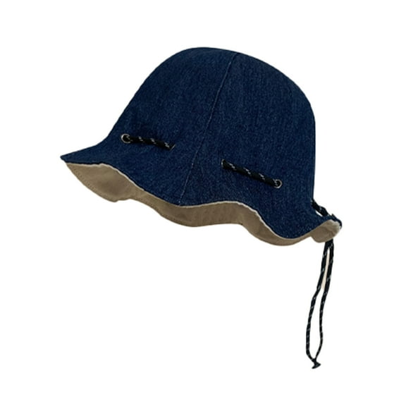 56-58cm hat circumference retro denim double-sided fisherman hat female summer ruffled sun hat with windproof drawstringDark denim beige